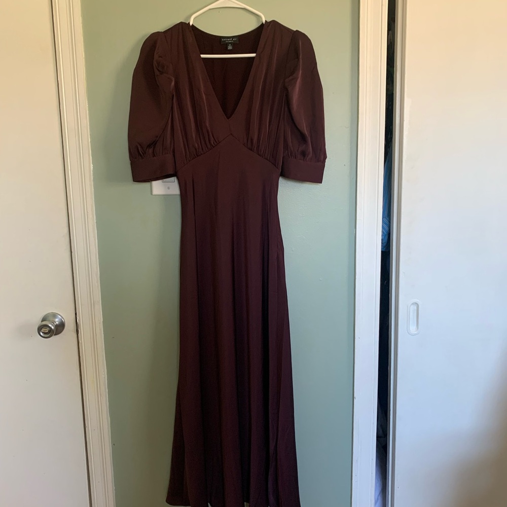 Current Air Plum Puff Sleeve V-Neck Evening Gown